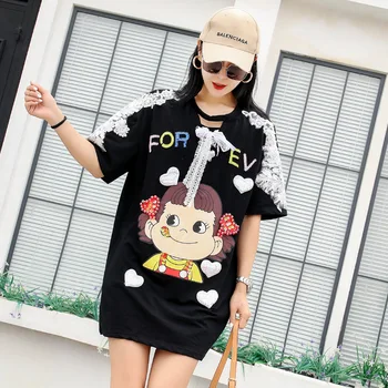

Tide brand women's models 2019 summer cartoon printing sequins fight lace long paragraph loose hooded short-sleeved T-shirt tops