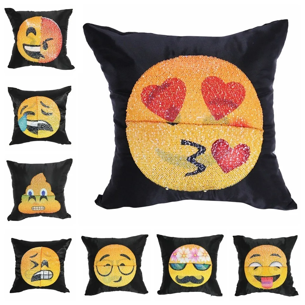 

8 Pieces Pillowcase Emoji Cushion Cover Reversible DIY Sequin Mermaid Pillow Case Magic Funny Changing Smiley Faces
