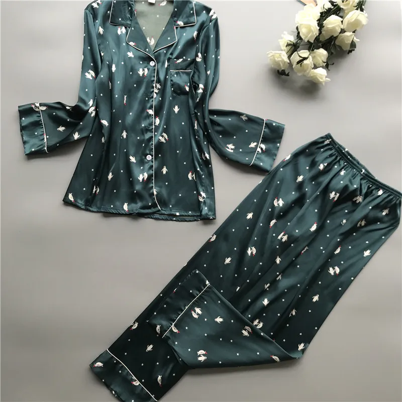 Пингвин Принт сердце любовь сна лаунж-Пижама комплект сексуальные атласные пижамы Для женщин летние пижамы Для женщин Femme пижамы с цветами