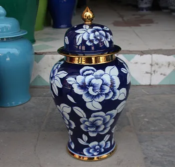 

Peony painting hand painted Jingdezhen temple jar vase ceramic porcelain ginger jar wedding gift antique pot blue and white with