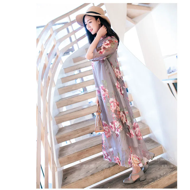 

2019 new Long buttons contracted elegant dress women restoring ancient ways slim printed fashion summer dress plus size le011