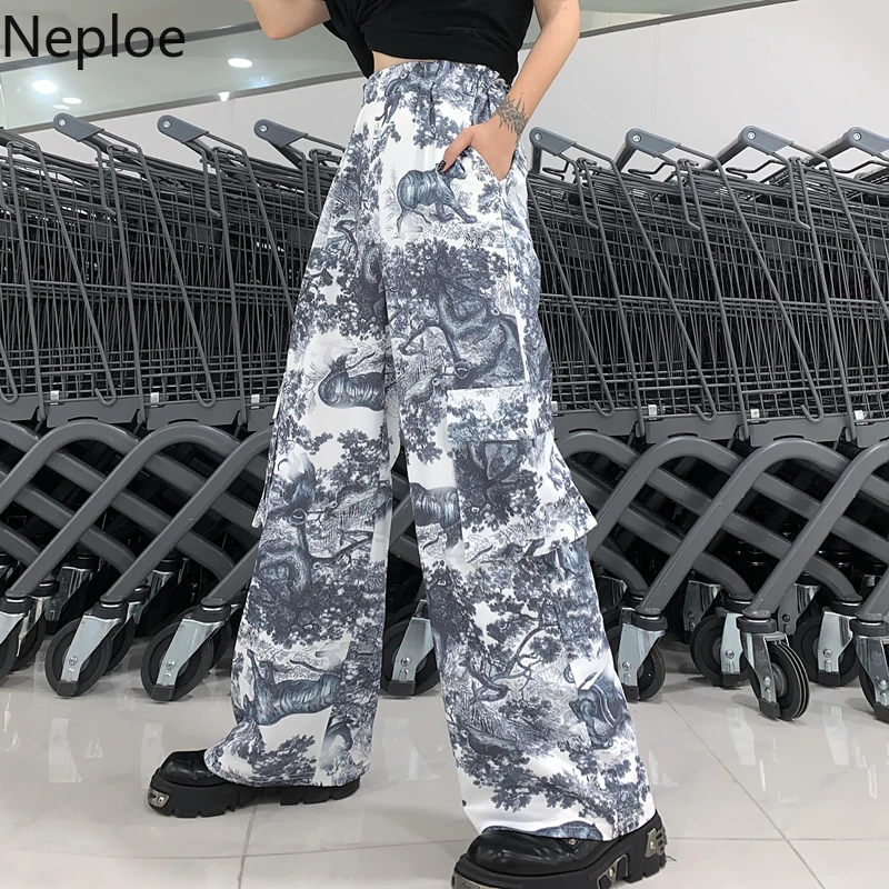 Neploe High Waist Straight Trousers Harajuku BF Style Hip-hop Leisure Pants New Women Men Digital Printed Long Pants 53634