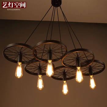 

loft creative personality retro restaurant bar American country wrought iron chandeliers industrial style wheels