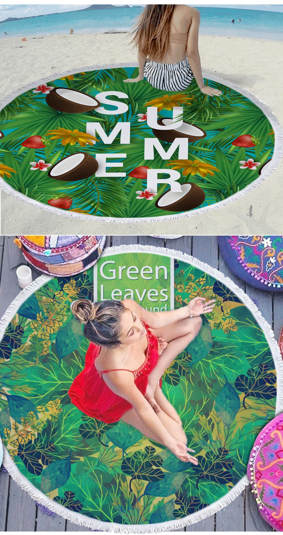 IBANO Summer Flowers Round Beach Towel Cotton Polyester Bath Towel Yoga Mat Blanket Tapestry Dia 150cm With Tassel 500g/pc