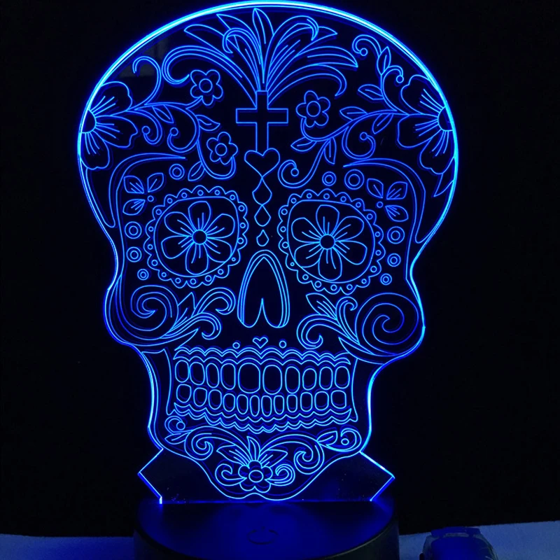 

Creative Artistic 3D Visualization Flower Skull LED Lamp Crossbones Hologram Head Night Light Halloween Decor Toy RGB