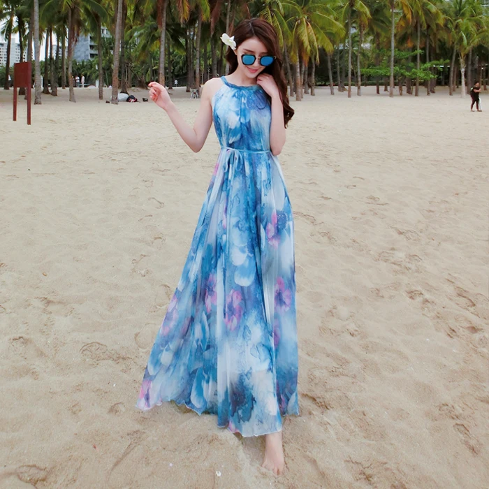 2017 floral print spaghetti strap one piece dress plus size bohemia expansion bottom full dress