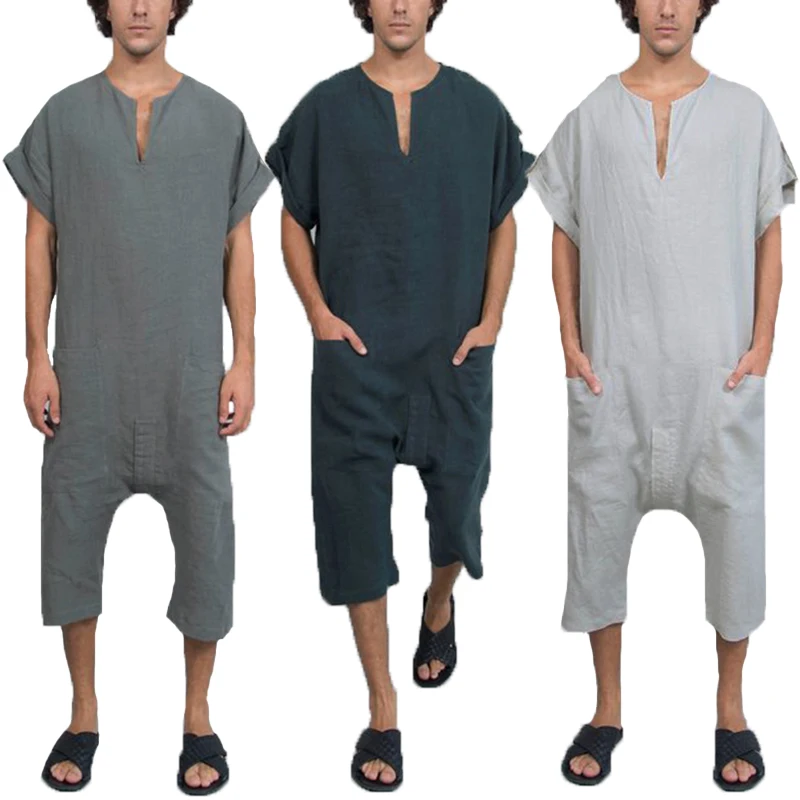 

Litthing New Vintage Overalls Men Jumpsuits Rompers Plain V Neck Arab Kaftan Working Pockets Trousers Muslim Islamic Masculina