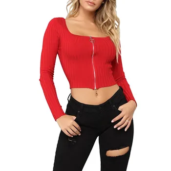 summer sexy Women Long Sleeve Solid Zip Sexy Square Collar Slim Fit T-shirt Top fashion Slim Fit T-shirt Ropa de mujer#g11 summer sexy Women Long Sleeve Solid Zip Sexy Square Collar Slim Fit T-shirt Top fashion Slim Fit T-shirt Ropa de mujer#g11