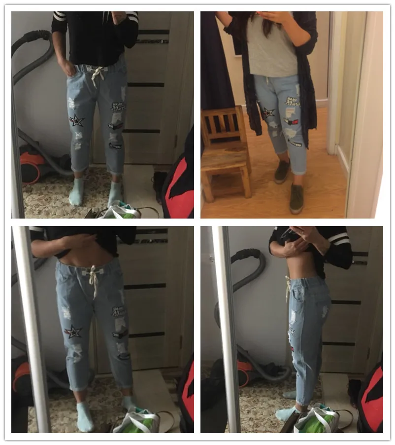 ROMWE Ripped Cuffed Jeans Women Blue Offset Printing Drawstring Mid Waist Denim Pants Fashion Casual Pockets Cropped Jeans