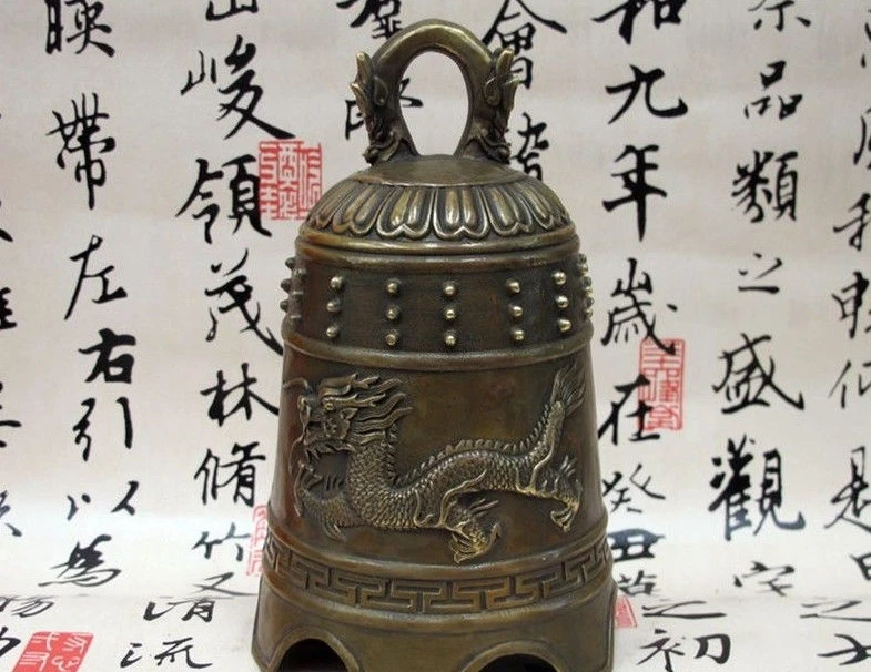

Chinese Tibet Monastery Bronze Copper carving Dragon Buddhism Bell Statue a 0518