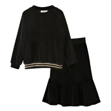 Детей и подростков Крупные девушки черный велюр блуза с длинным рукавом с fishtail flare юбка комплект из 2 элементов бархатная одежда для От 4 до 16 лет