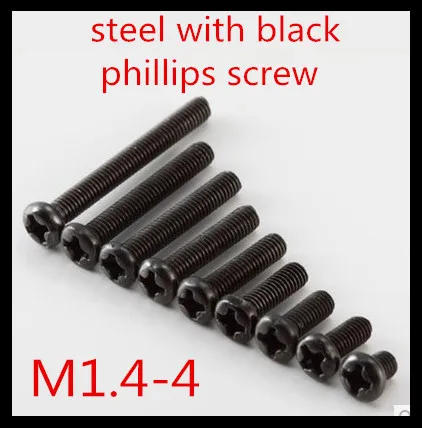 

1000pcs/lot Steel With Black M1.4*4 Pan Head Phillips Cross Receseed Countersunk Machine Screw