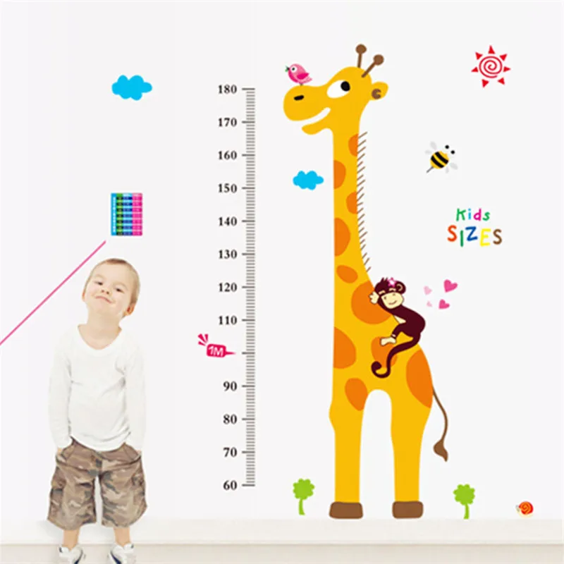 الكرتون الزرافة القرد طفل ارتفاع قياس جدار ملصقا الأطفال غرفة نوم الطفل النمو الفينيل القابل للإزالة خزانة خلفيات