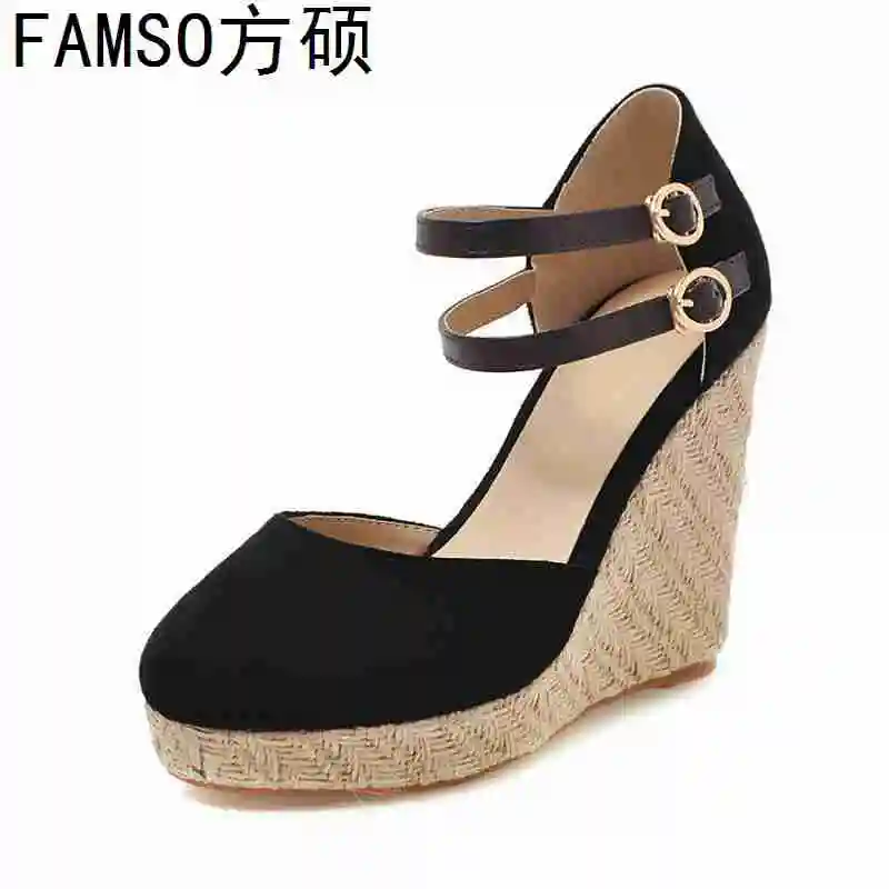 

FAMSO 2019 New Arrival Women Sandals Shoes Black Buckle Wedges Pumps Shoes Designer Summer Brand Shoes For Lady Outside