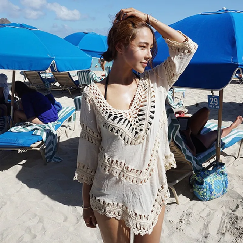 

Summer 2019 Crochet Bikini Cover Up Women V-neck 3/4 Sleeve Loose Beach Swimwear Shirt Hollow Out Loose White Blouse