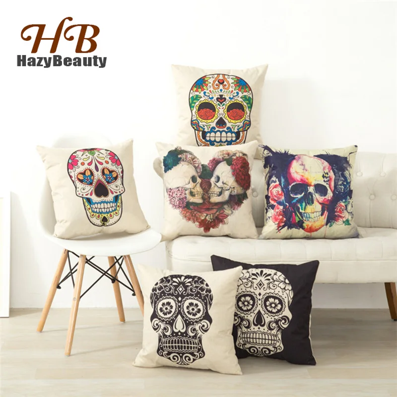 cheap 45x45cm Decorative Pillows Fashion Vintage Retro Skull Sugar Cotton Linen Throw Pillow Sofa Cover Case Home Decor(pillow Cover)