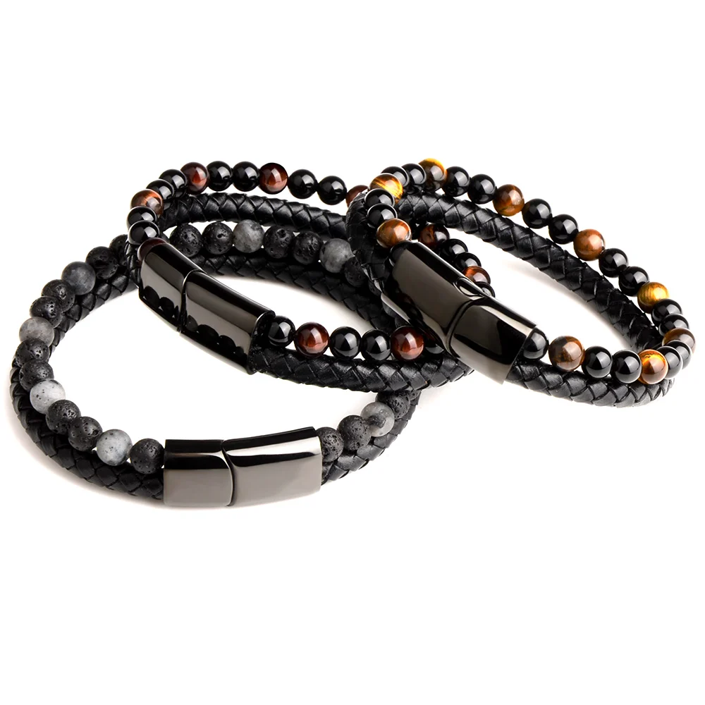 

2020 Fashion Men Jewelry Natural Stone Genuine Leather Bracelet Black Stainless Steel Magnetic Clasp Tiger eye Bead Bracelet Men