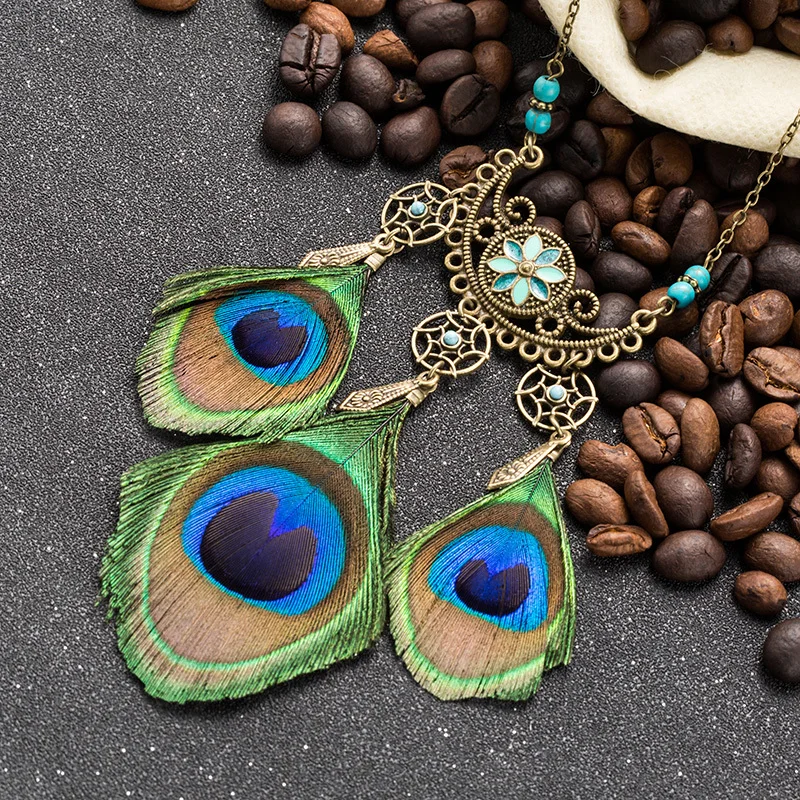 

Bohemian natural peacock feather pendant women sweater chain necklace Boho wooden beaded crystal charm necklaces jewelry brincos