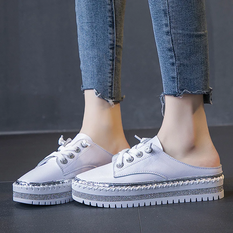 

2019 women flat platform sneakers Ballet flats shoes female Genuine Leather slip on Walking oxfords woman crystal Comfort slides