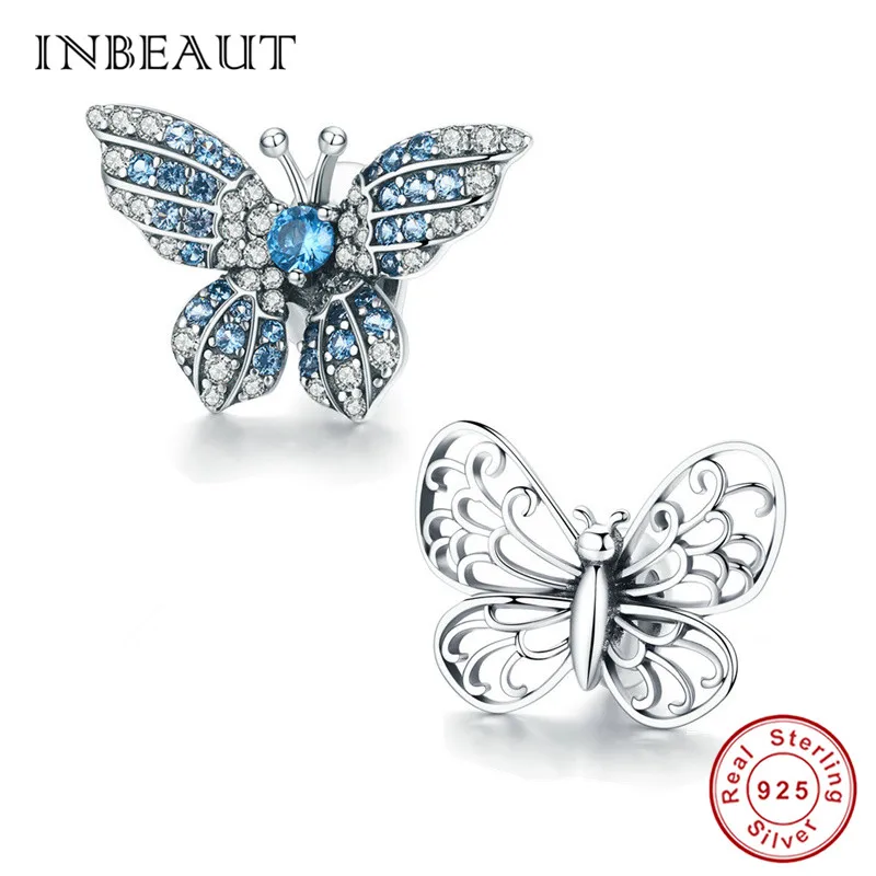 

INBEAUT 100% 925 Sterling Silver Blue Zircon Butterfly Charms fit Pandora Bracelet S925 Original Hollow Animal Beads for DIY