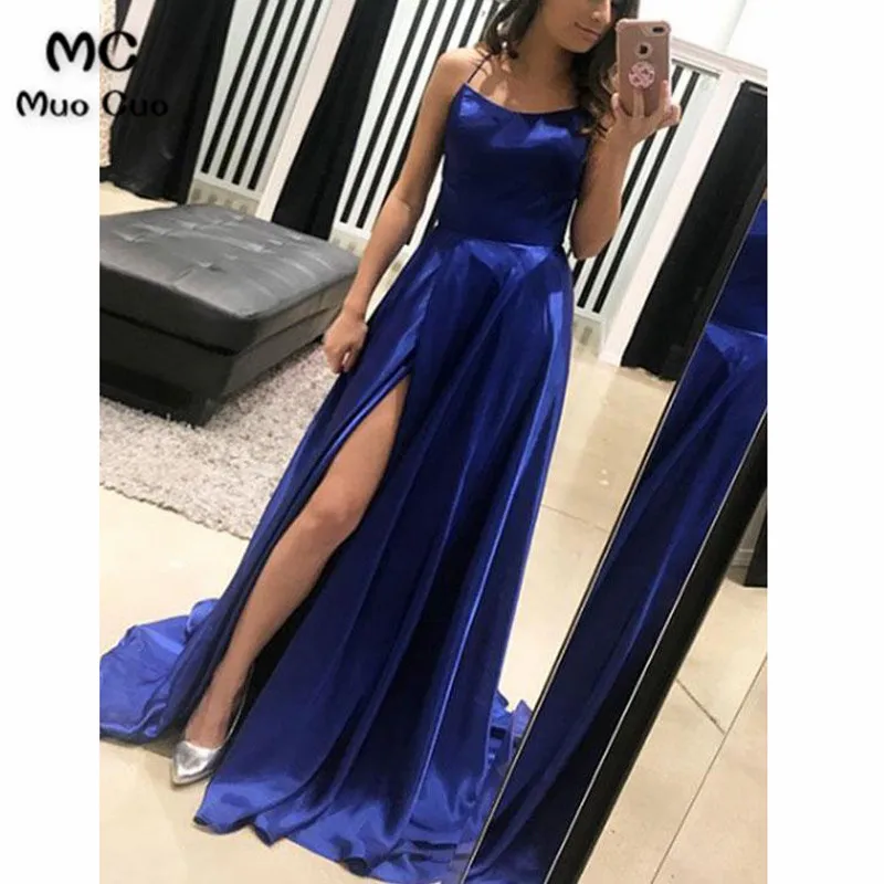 

2018 A-Line Navy Blue Evening Dresses Long Spaghetti Straps Floor Length Sweep Train Front Split Formal Evening Party Dress