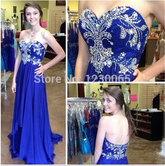

2015 long prom party dresses Hot&sexy Elegant crystal vestido de noiva longo royal blue chiffon long sweetheart evening dress