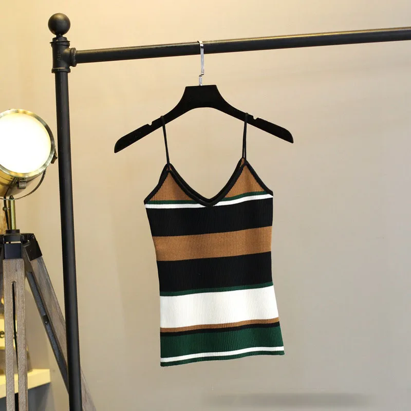 

Spring Summer Short Knit Strap female V-neck stripes Patchwork Color Slim Thin sexy Knitted Camis