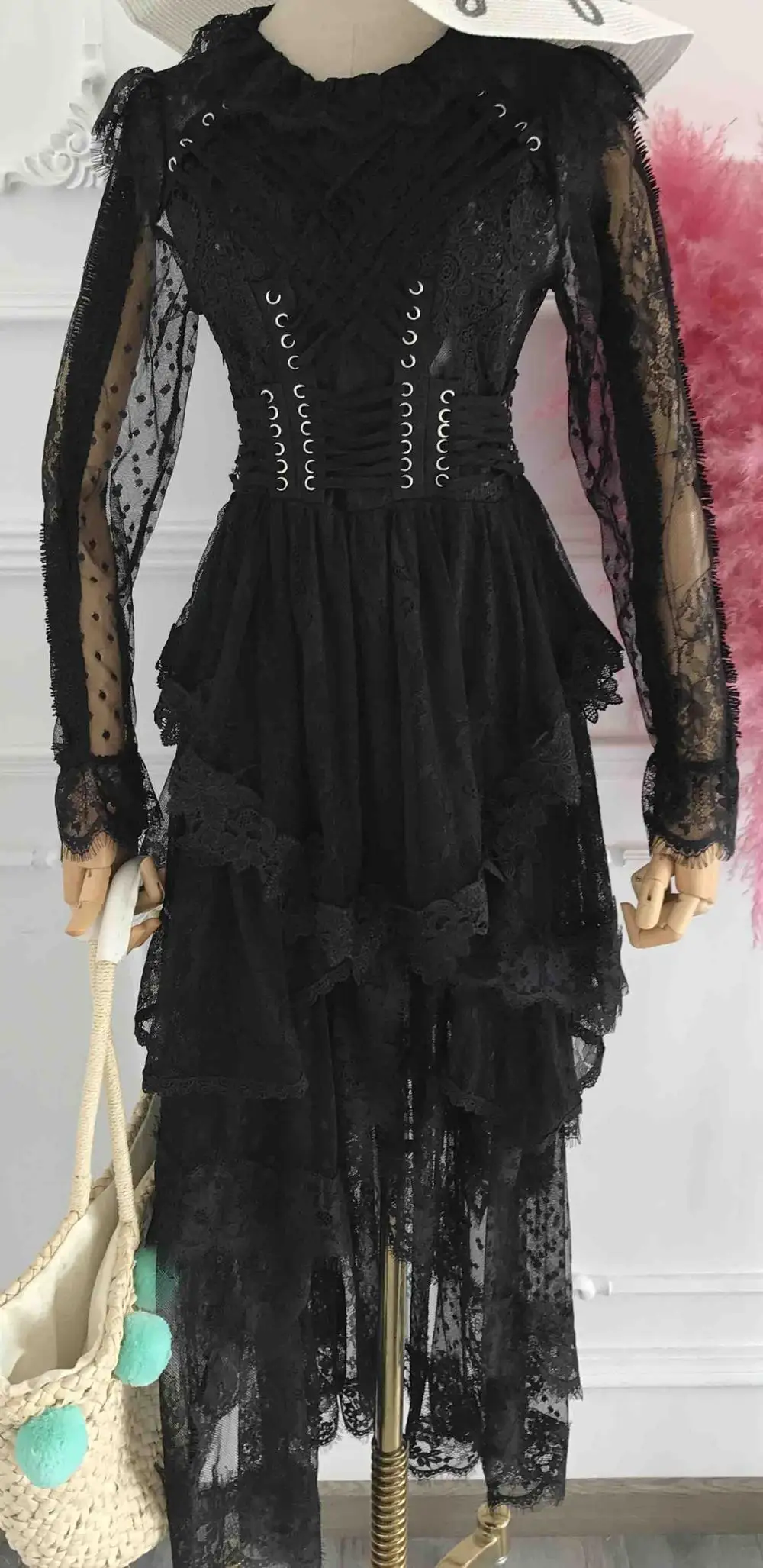 Высокое качество вышивка асимметричное платье из кружева женское Сетчатое лоскутное элегантное Открытое Платье Vestidos Повседневные Вечерние платья - Цвет: Черный
