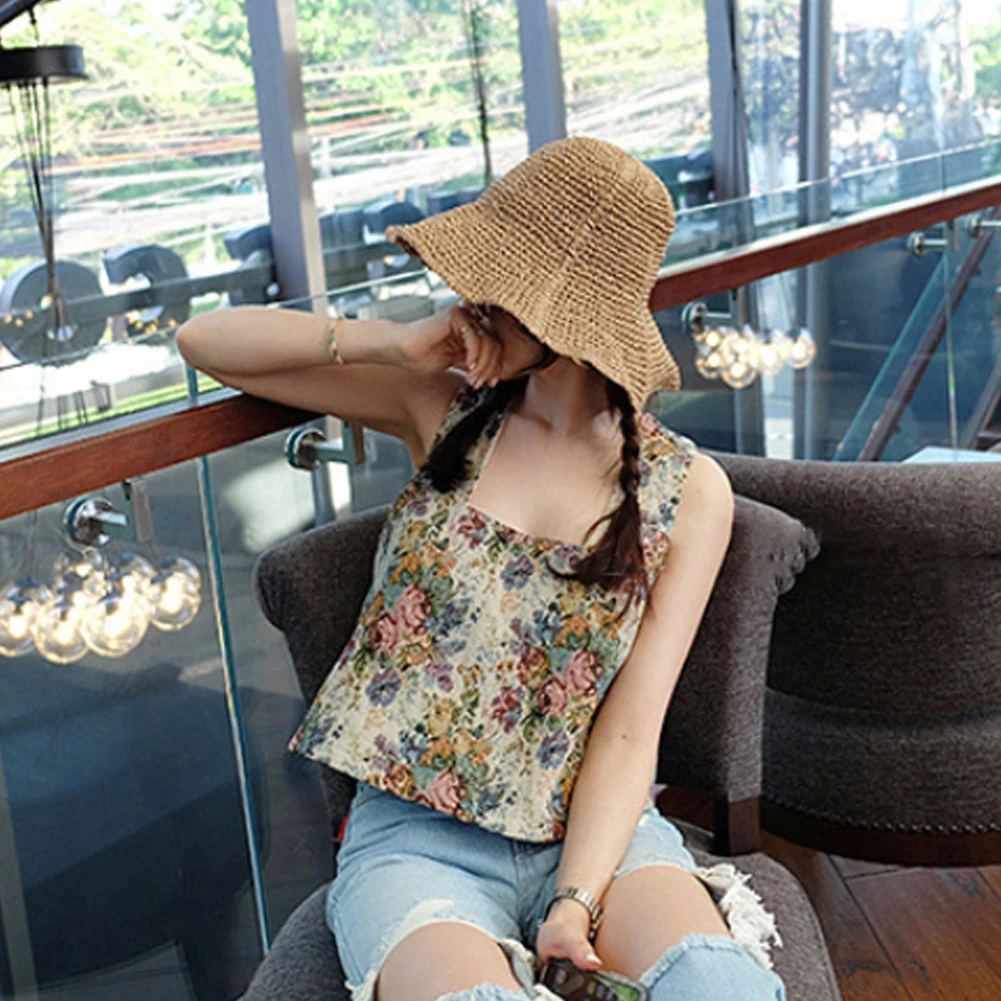 Breathable Casual Events Hot Summer Washable Women Sun Hat Anti UV Foldable Hand Knitted Solid Lafite Straw Brim Simple Style