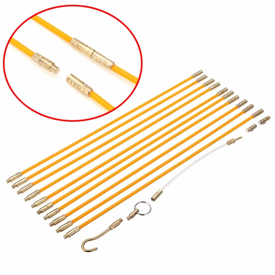 10pcs Fiberglass Cable Running Rods with Brass Hook End Brass Eye End and Flexible Acrylic Connection Kit Set