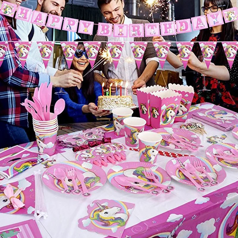 

Unicorn Theme Cartoon Party Disposable Tableware Plate Napkins Banner Candy Box Baby Shower Girl Birthday Party Decoration Kids