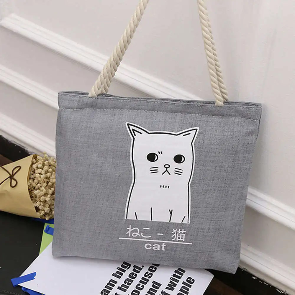 Aelicy, Женская Холщовая Сумка с милым рисунком кошек, женская модная сумка, холщовые пляжные сумки для девочек, сумка на плечо, винтажная - Цвет: Серый