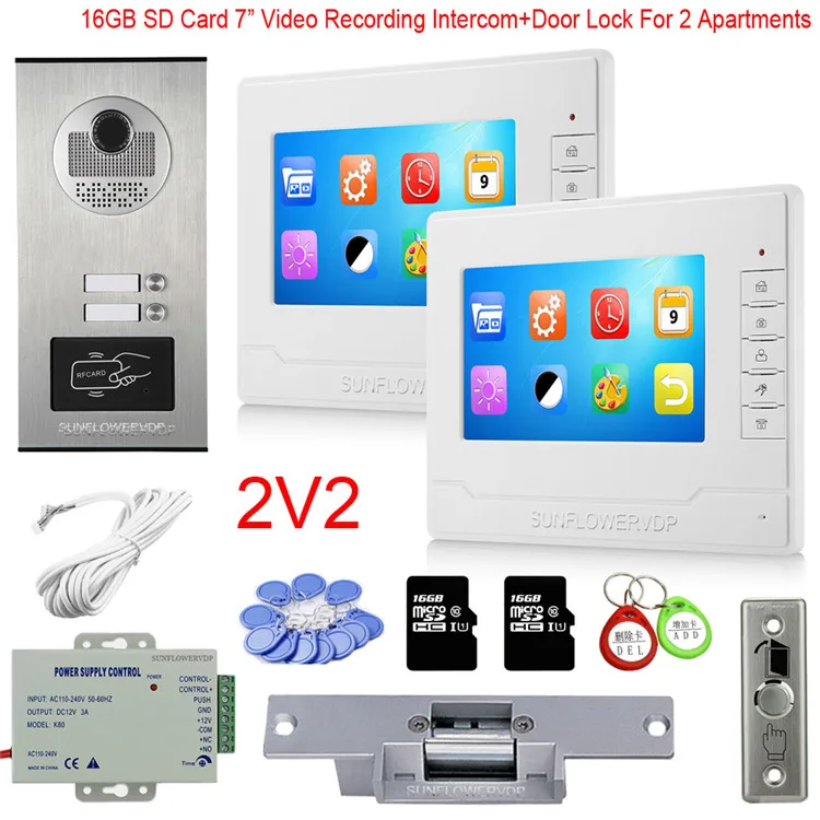 Rfid 2/3/4/6 Multi Call Buttons Intercom For Home 16GB Video Recording 7”Color Monitor Video Intercom With Electric Door Lock