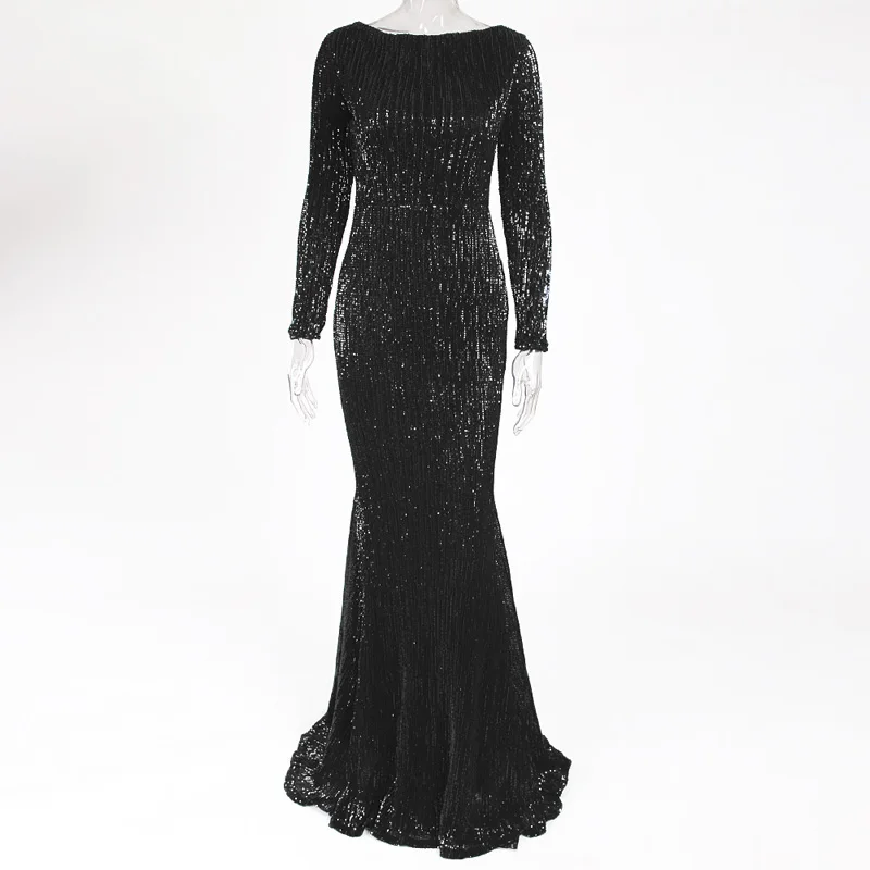 Вечерние платья длиной до пола с круглым вырезом; платье с длинными рукавами; облегающее черное платье с блестками; стрейчевое ночное длинное платье - Цвет: Черный