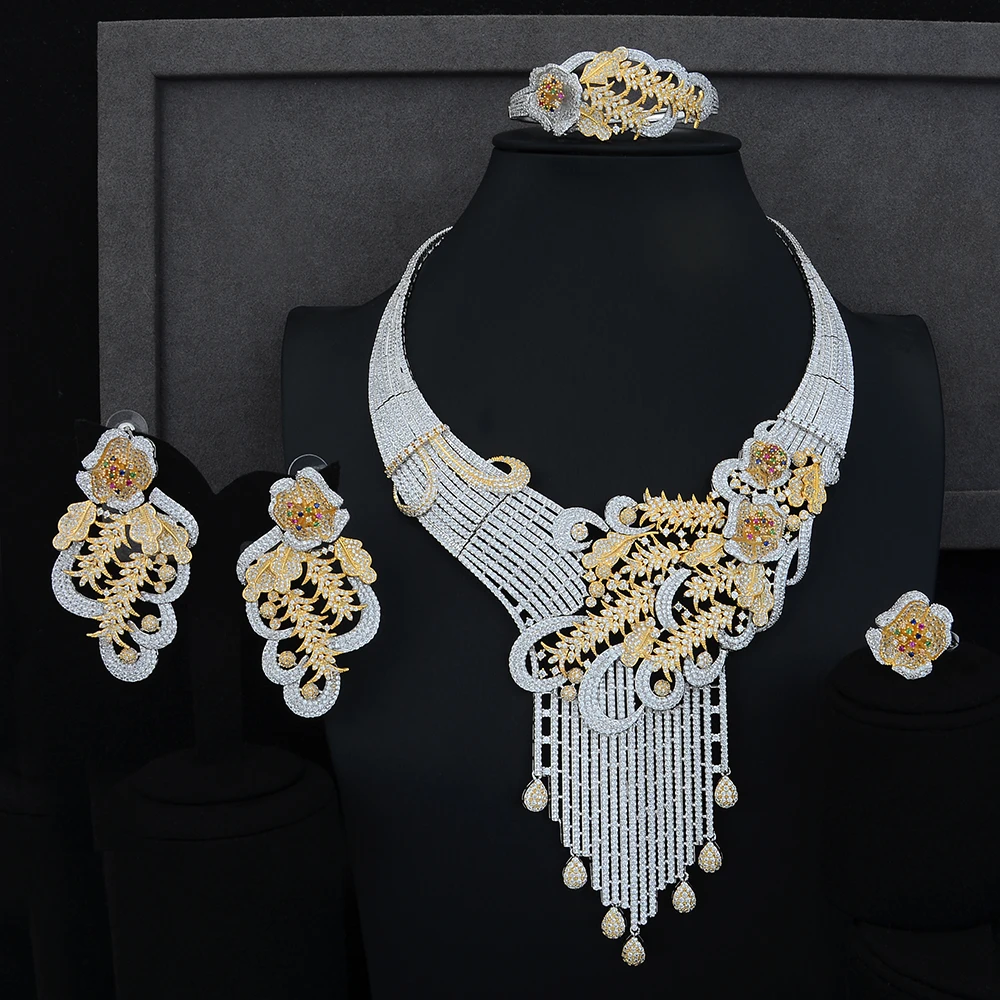 Luxury Peacock Tail Wedding Engagement Stage Occasion Necklace Bracelet Earring Ring Jewelry Sets High Quality Cubic Zirconia