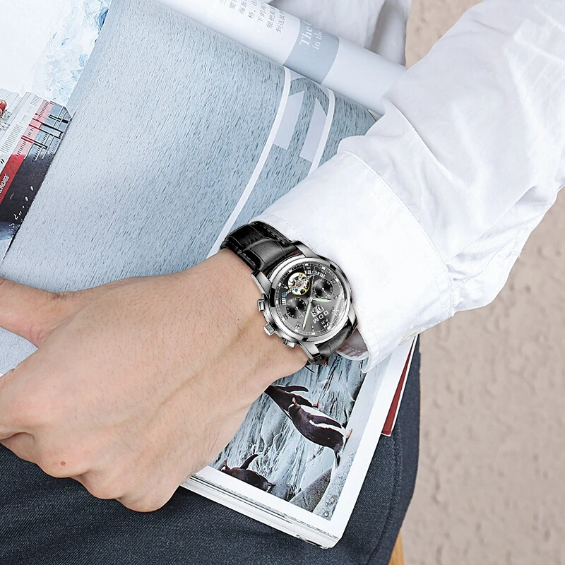 Часы DOM Skeleton Tourbillon Мужские Автоматические классические черные кожаные