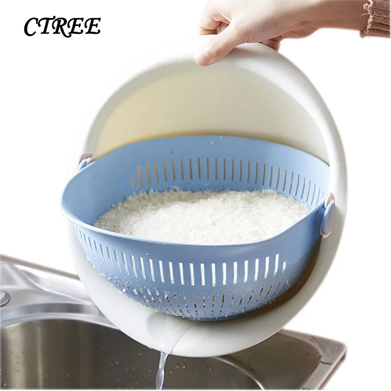 

CTREE Double Drain Basket Fruit Vegetable Clean Filter Storage Basket Wash Colanders Food Container Kitchen Accessories C678