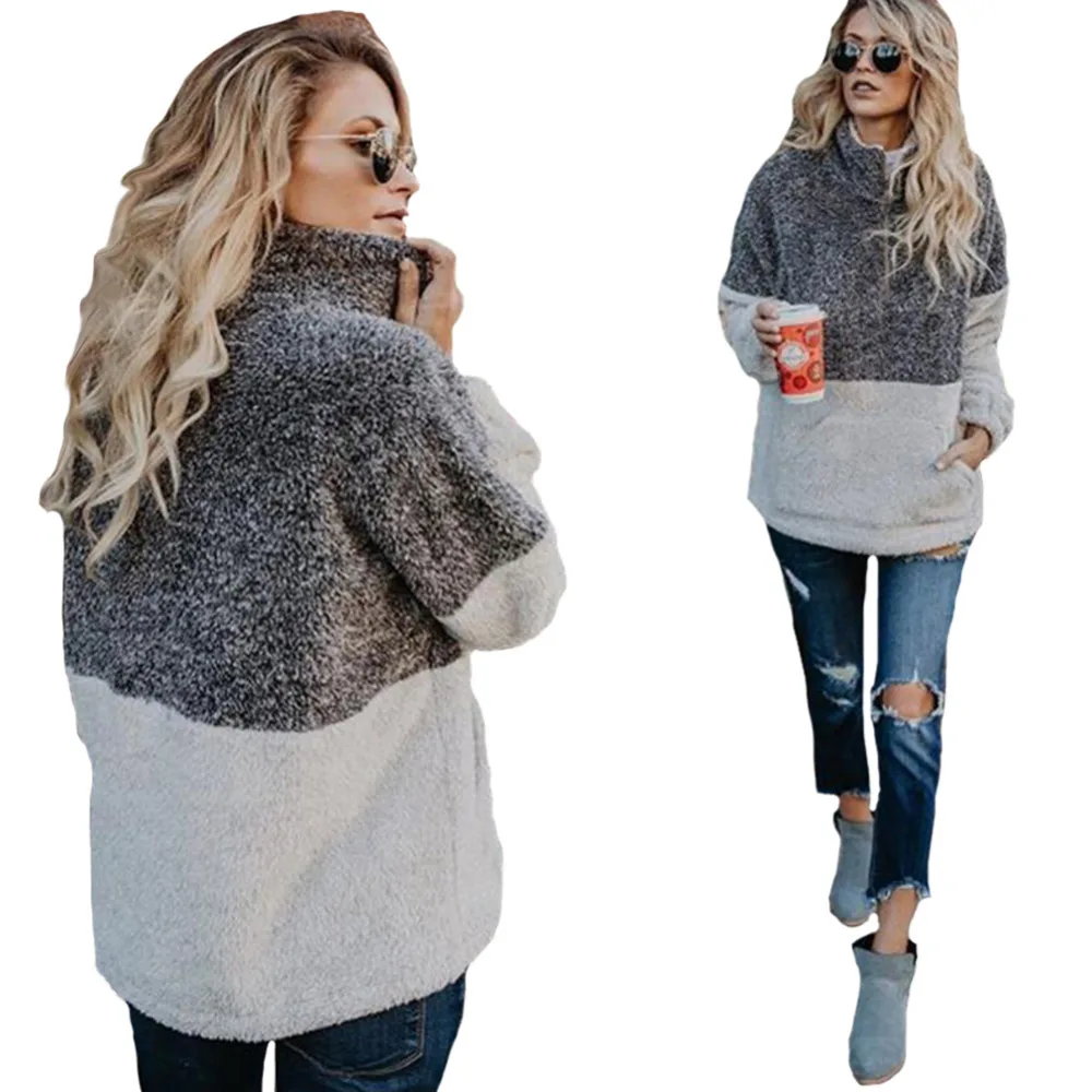 Goede Hitmebox 2018 Herfst Winter vrouwen 1 4 Rits Sherpa Knit Soft Fleece Pullover ColorBlock Trui Uitloper Jas kangoeroe Zakken