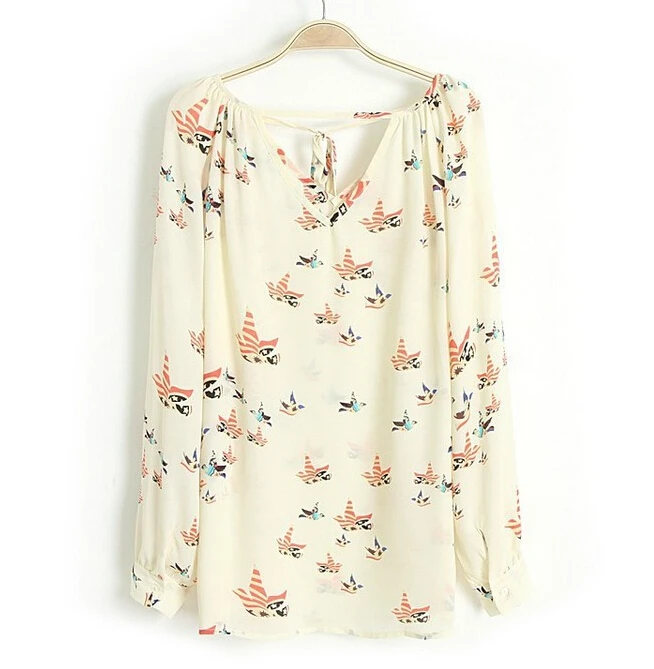 

Women floral V neck chiffon blouse European Style Nude casual shirt long sleeve Blusas Femininas tops Roupa Female ST515