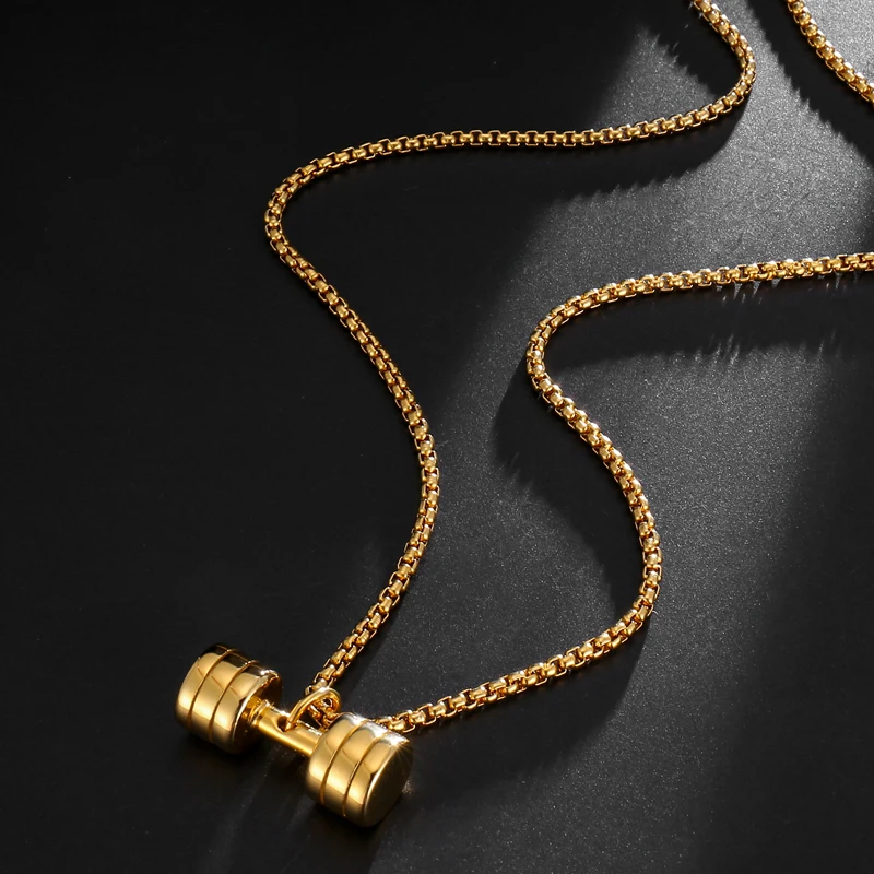 

HIP Hop Titanium 316L Stainless Steel Men Gold Color GO FIT Dumbbell Gym Fitness Barbell Pendant Necklaces For Men Jewelry