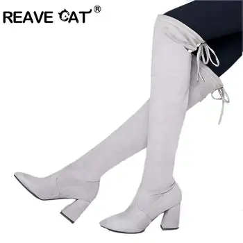

REAVE CAT Plus size Women boots Over the knee Heel boots Sapatos femininos Flock Fashion Casual Candy Color Long boots A869