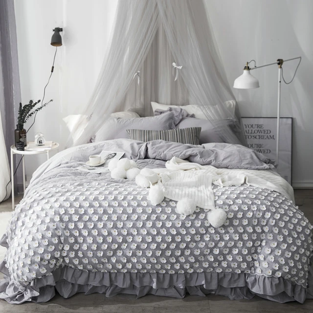 Gray White Princess Bedding Set Twin Queen King Bed Cotton Sheet Duvet Cover Linge De Lit Juego Cama Funda