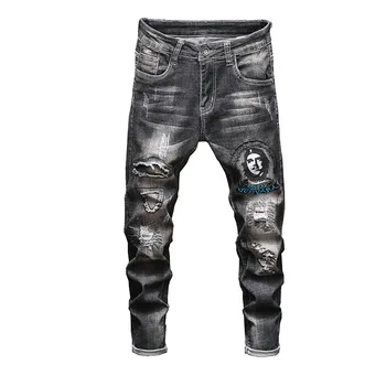 

Biker Jeans Men Washed Destroyed Ripped Jogger Jeans 2019 Streetwear Embroidery Swag All-match Black Straight Skinny Jeans