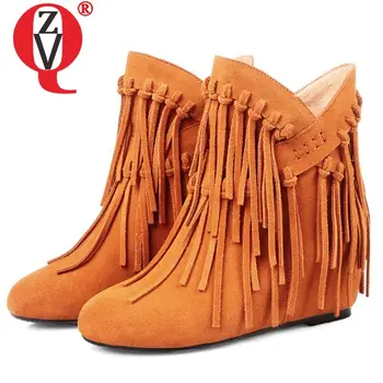 

ZVQ winter women's shoes cow suede ankle boots brown black gray Tassel Western Boots 6cm high heels wedges boots cool girl shoes