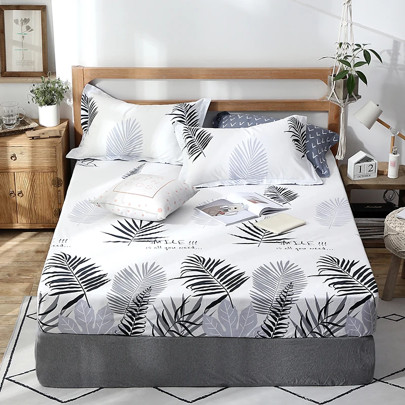 

Bed Sheet With Pillowcase Ins Style Grey Leaves Pattern Bed Linen Queen Size Mattress Covers Fitted Sheet Sets 180x200cm 3Pcs