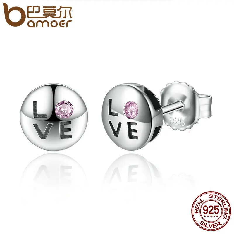 

BAMOER Romantic Gift 100% 925 Sterling Silver Pink Crystals LOVE Small Stud Earrings for Women Fashion Jewelry SCE024-1L