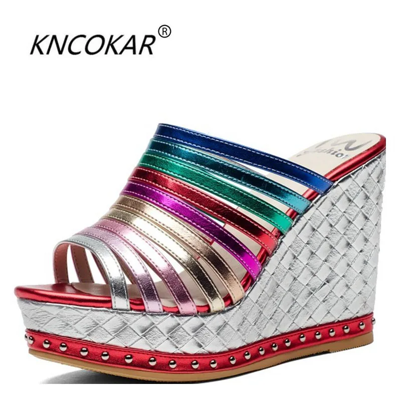 

KNCOKARRainbow slope and cool slippers waterproof platform thick bottom height heel sandals sexy skinny fish mouth slippers