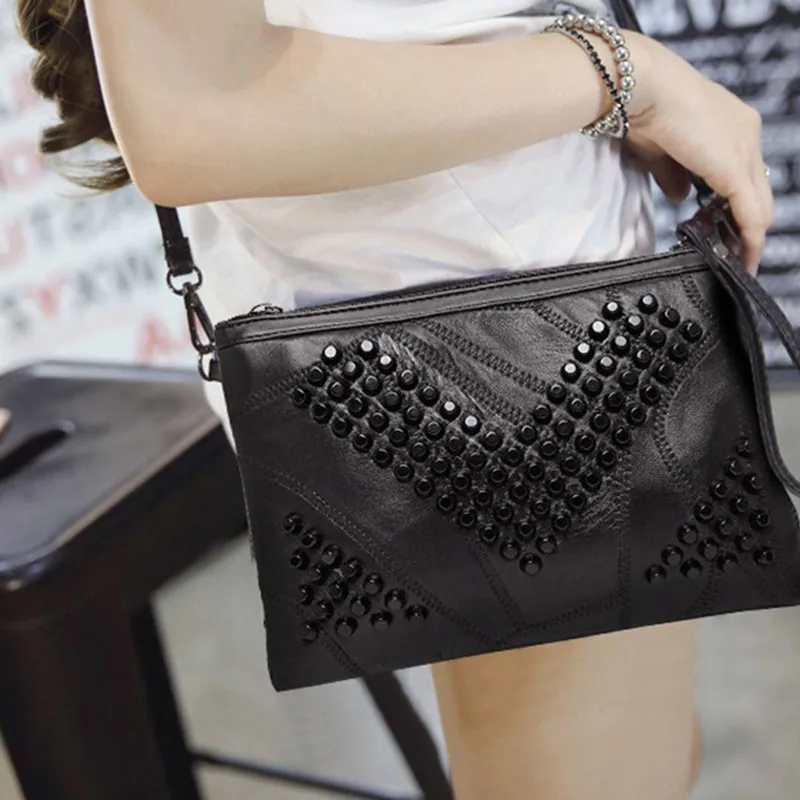 Gothic Punk Rock Leather Shoulder Bag | Silver Studded Crossbody Handbag