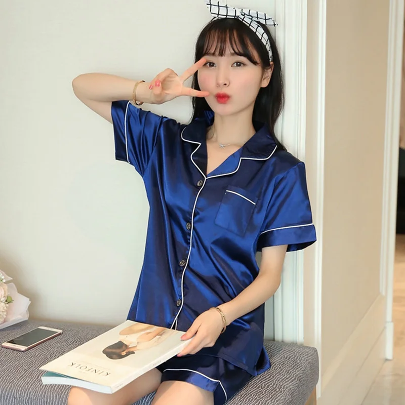 

2019 New Summer Short Sleeve Silk Satin Pajama Set Two Piece Women Sleepwear Sexy Nightwear Women Shorts Pyjama Homewear pijama