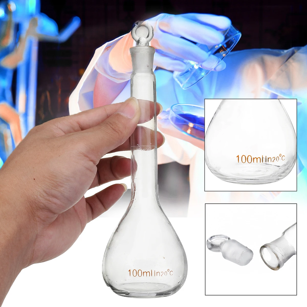 100ml Clear Glass Volumetric Flask with Stopper Lab Chemistry Glassware